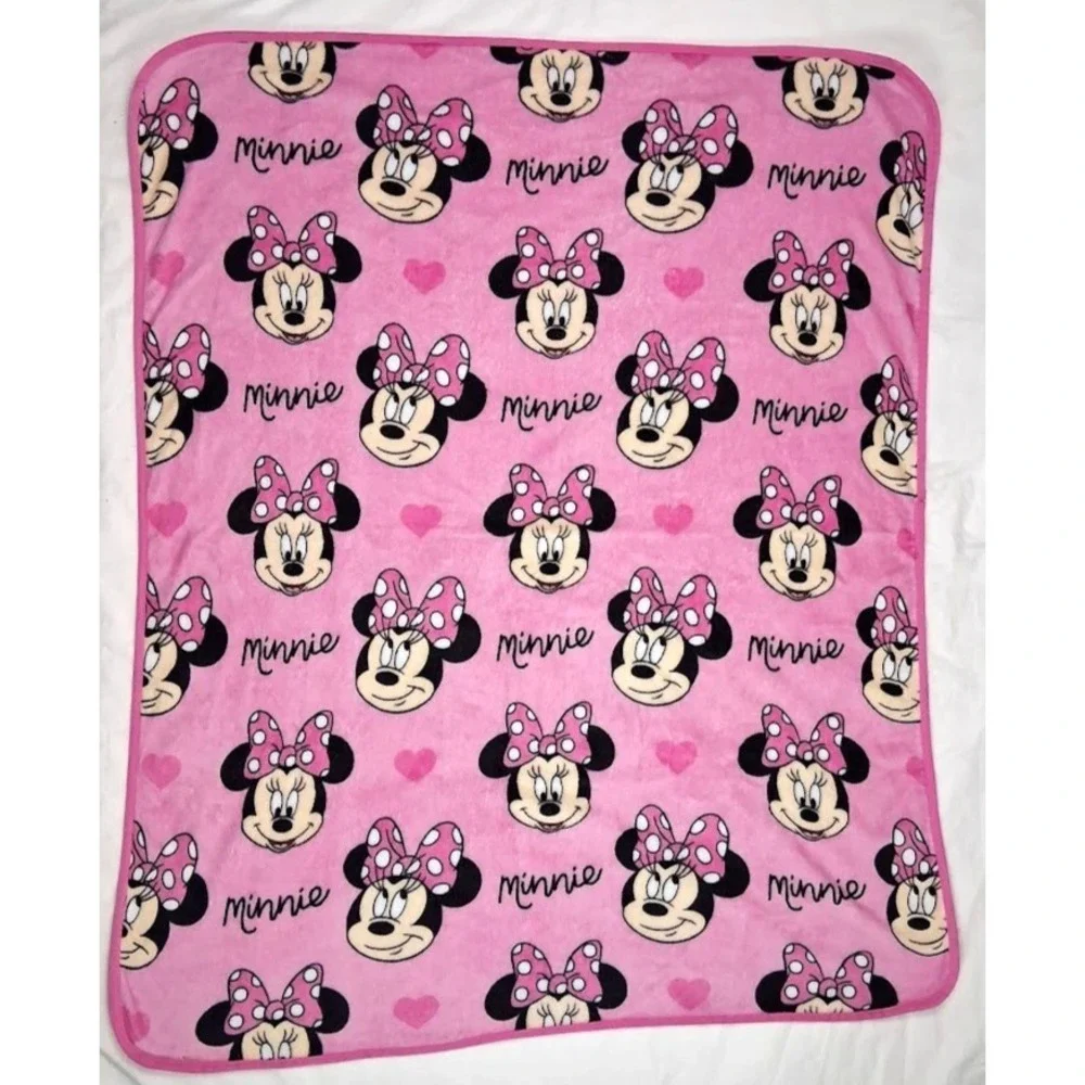 Disney Minnie Mouse Face Pink‎ Fleece Throw Blanket Baby Toddler Thin Bow Heart